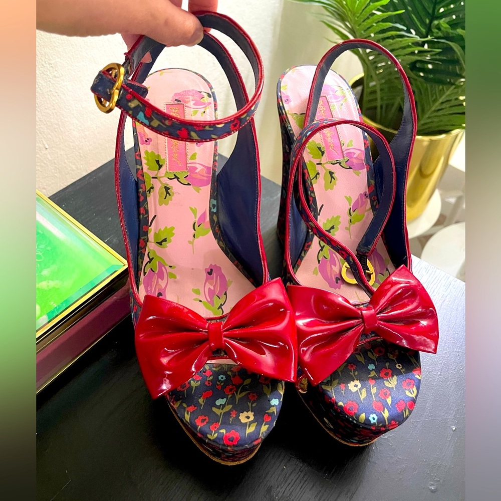 Betsey Johnson Floral Print Heels with Ankle strap + Red patient leather bows